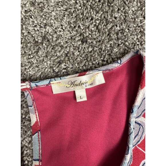 Andree by Unit Pink Floral Shift Dress L Tie Sleeve Scoop Neck Knee Length - Picture 2 of 12